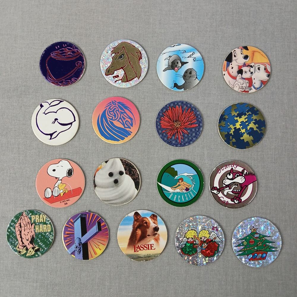 Set of 17 G-rated POGS + tube holder case VTG 90s cartoon animals religion